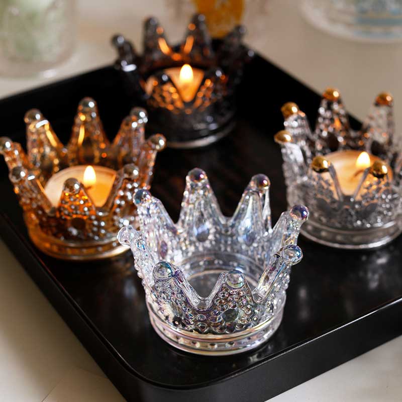 Decorative Embossed Glass Crown Tealight Holder Color:Clear 1