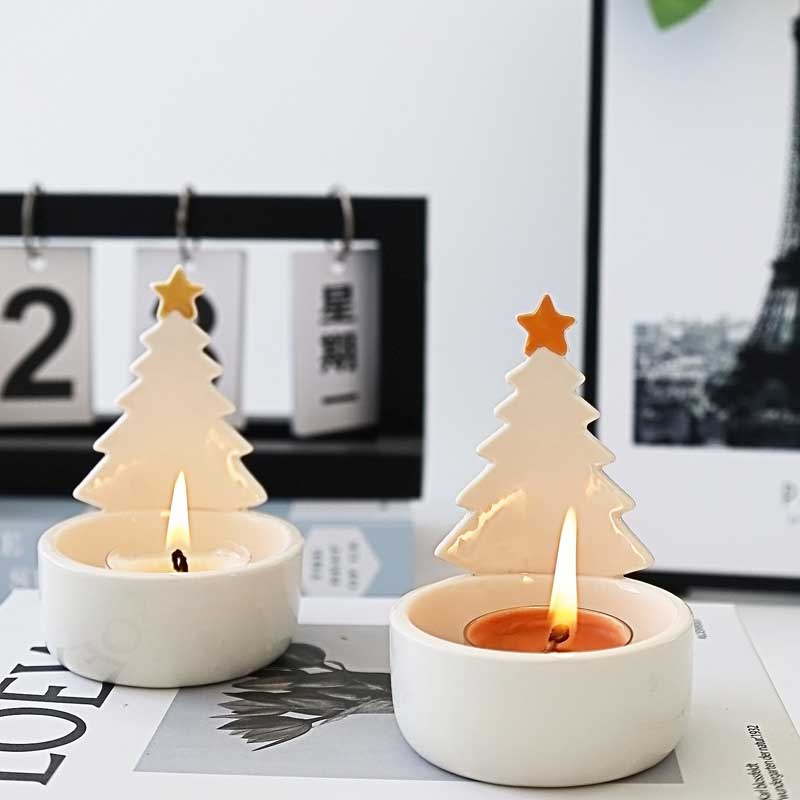 Christmas Tree Ceramic Candlestick Set Topped With Star Color:Red 1