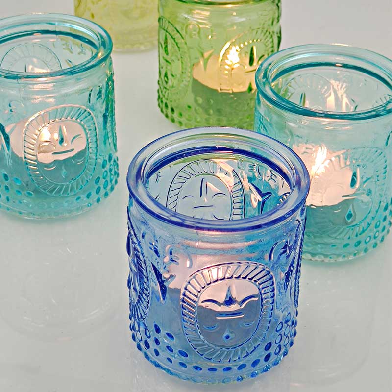 Vintage Embossed Sunburst Glass Votive Candle Holder - Multi-Color Options Color:Light Green 1