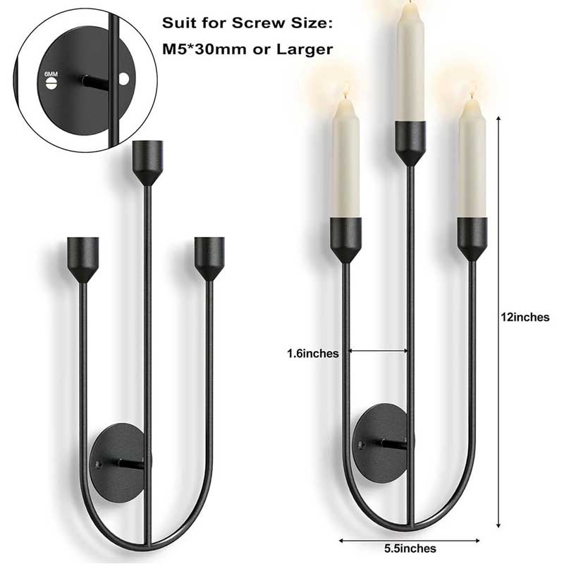Minimalist Wrought Iron Wall Sconce Candle Holder ,Three-lights Color:Black 2