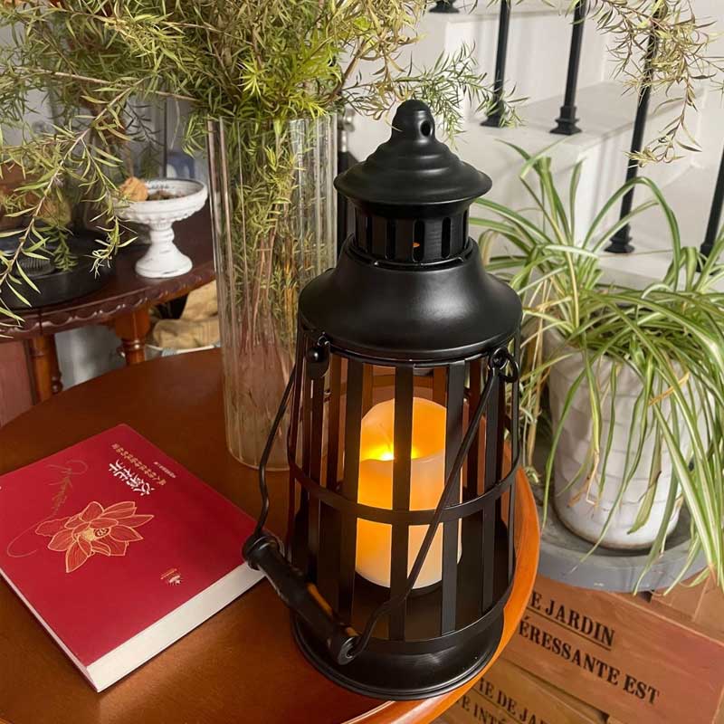 Vintage Wrought Iron Lantern Candle Holder with Handle Color:Black;Shape:Round 1