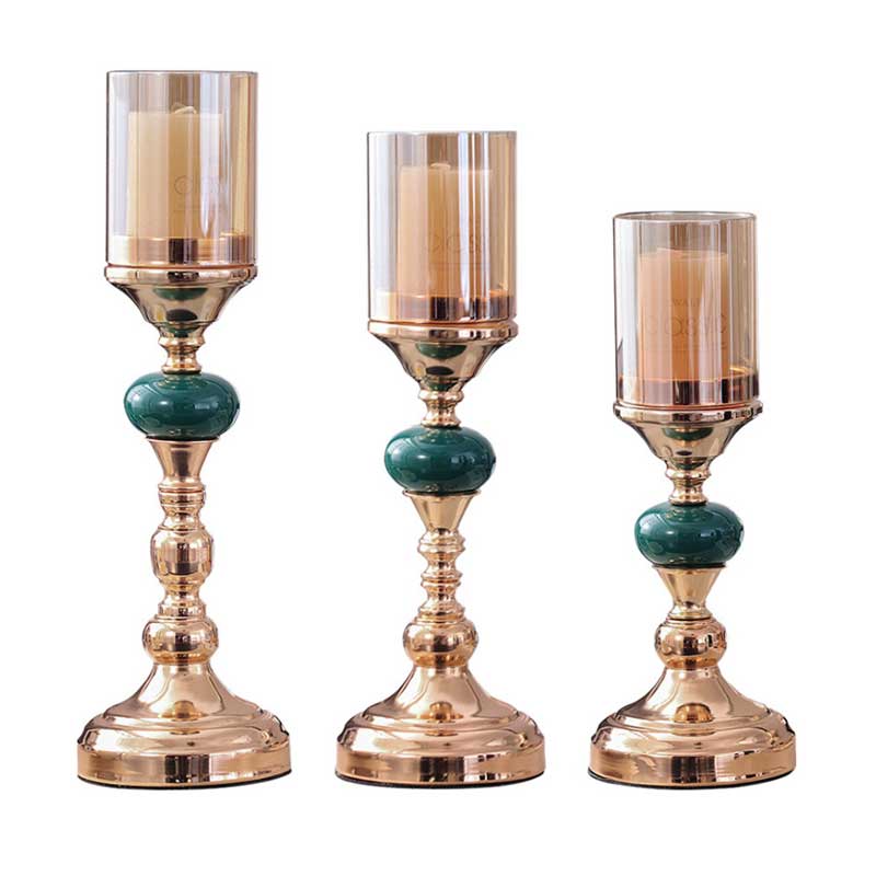 European Light Luxury Metal and Ceramic Candlestick Set of 3, Amber Glass