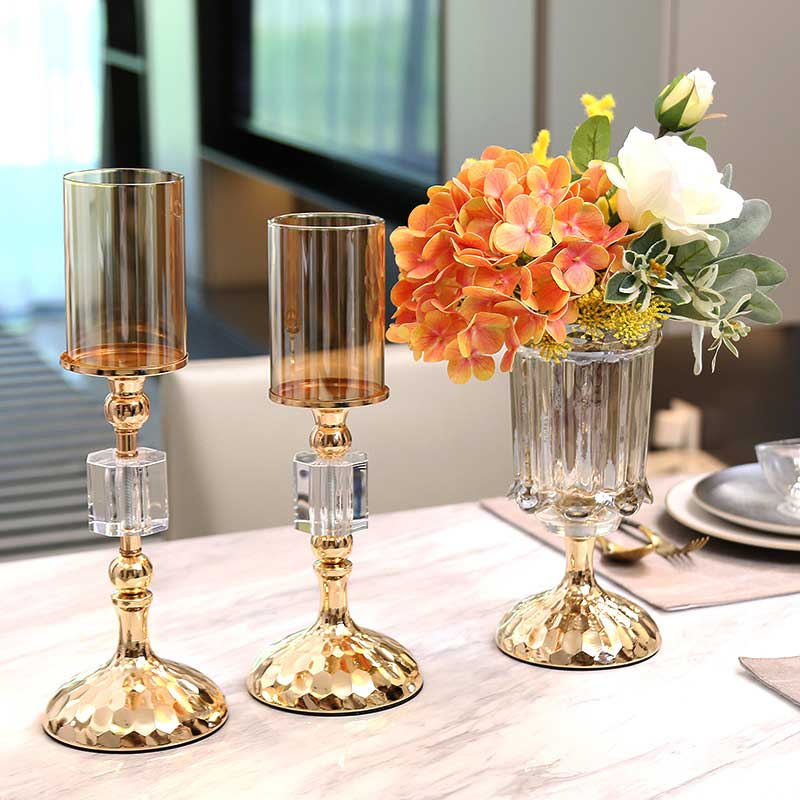 Luxury Crystal Amber Glass Candlestick Holder Color:Amber 2