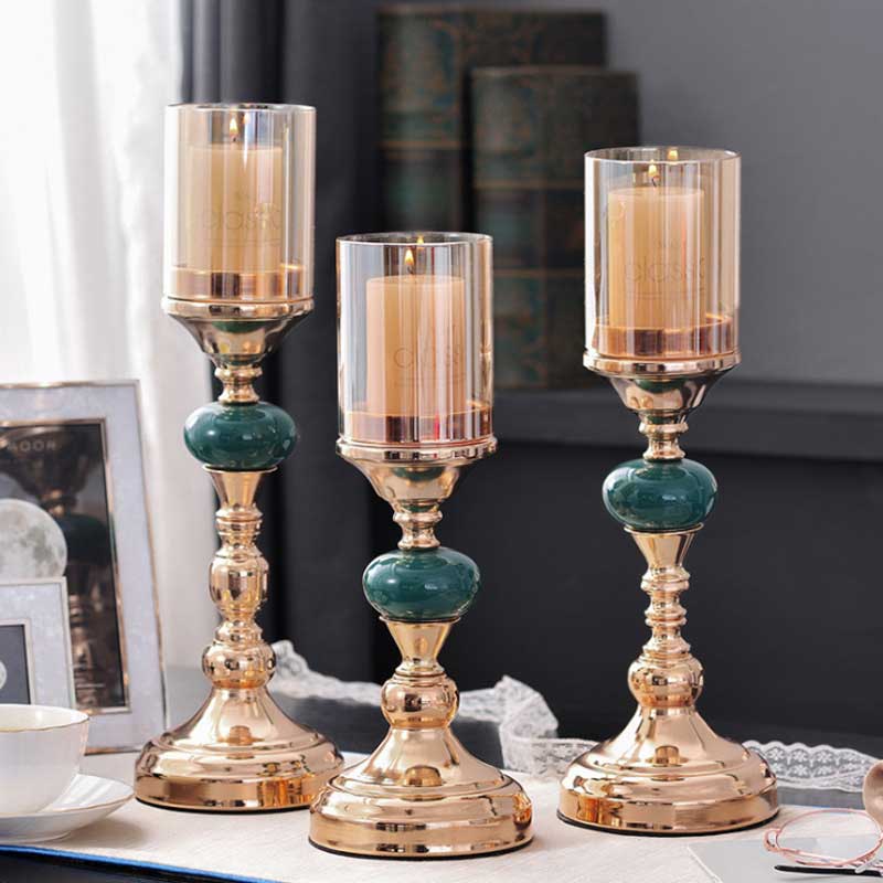 European Light Luxury Metal and Ceramic Candlestick Set of 3, Amber Glass Size: 12*31cm 4