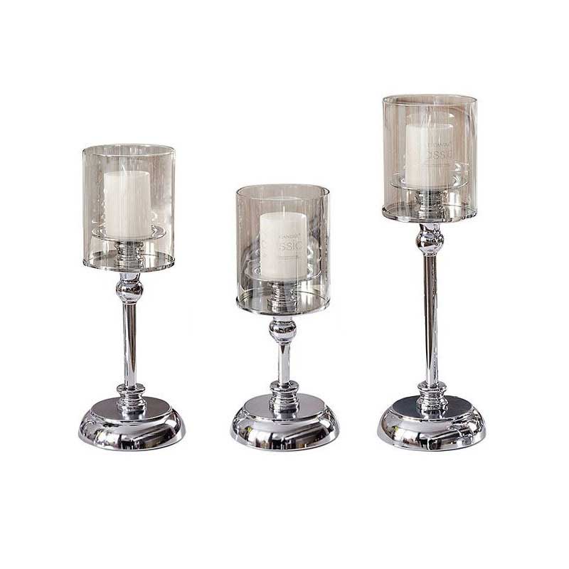 Set of 3 Electroplated Iron Candlestick Holders with Glass Shade