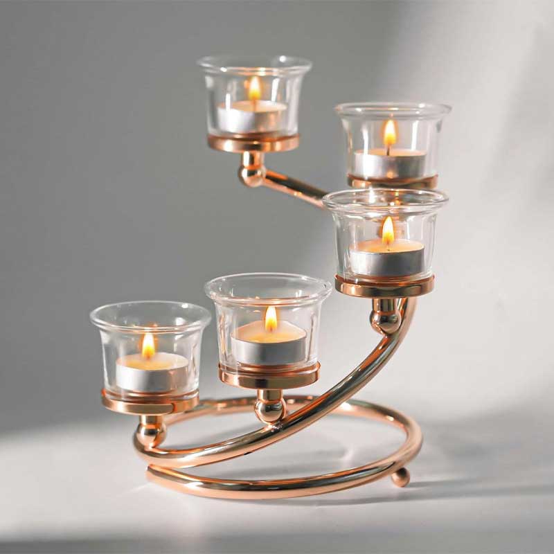 Modern 5-Arm Iron Candlestick,Spiral Candle Holder with Glass Votive Cups Golden
