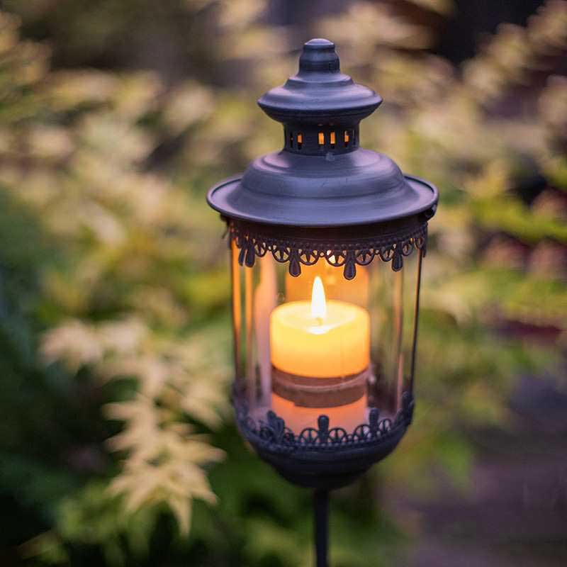 Outdoor Vintage Wrought Iron and Glass Garden Stake Lantern Color:Black 1