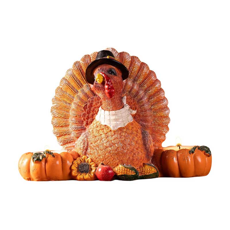 Thanksgiving Turkey & Pumpkin Candlestick Holder Resin