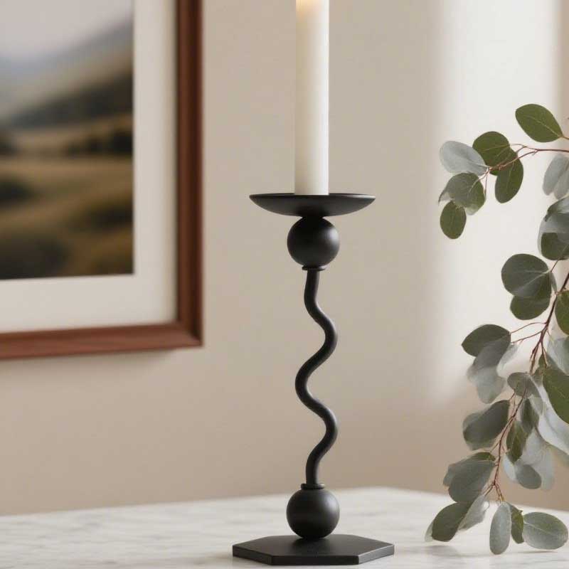 Black Minimalist Wavy Iron Candlestick Color:Black 1