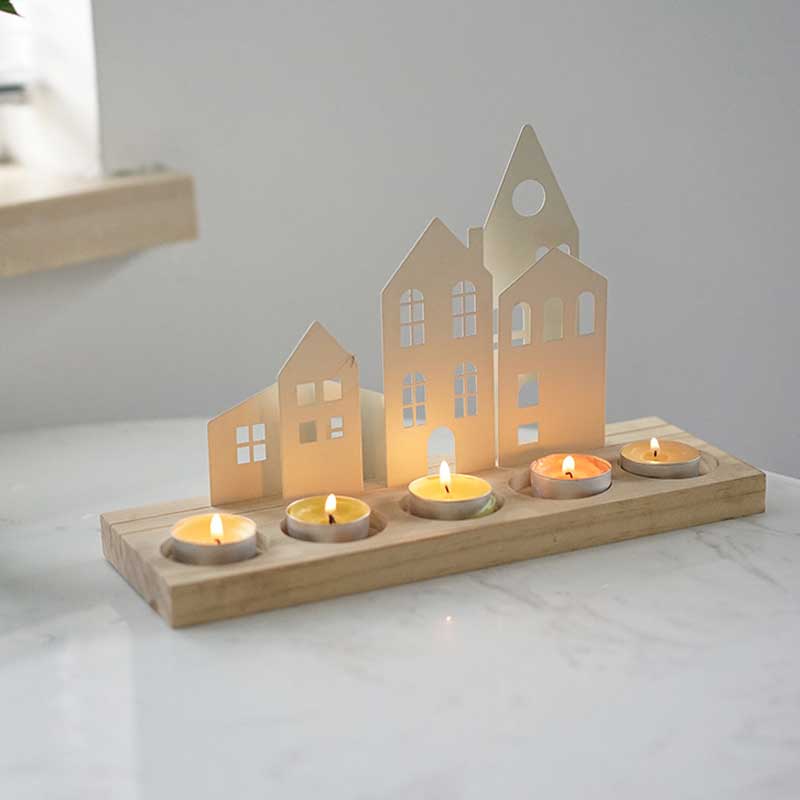 Little House Silhouette Candle Holder , Iron and Wood Candlestick Color:Black 1