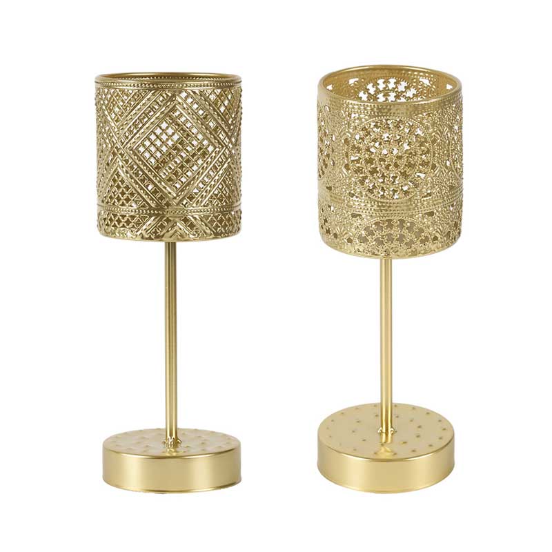 Gold Iron Hollow-Out Tabletop Candlestick,Tall Stem Design