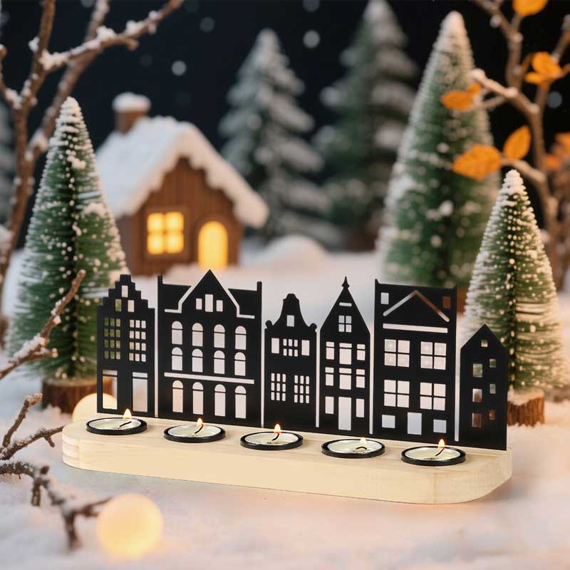 Amsterdam Cityscape Silhouette Wooden Candlestick Color:Black 2