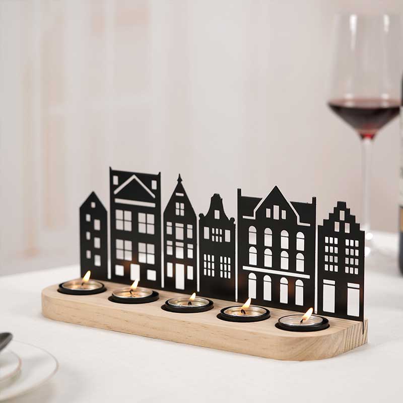 Amsterdam Cityscape Silhouette Wooden Candlestick Color:Black 3