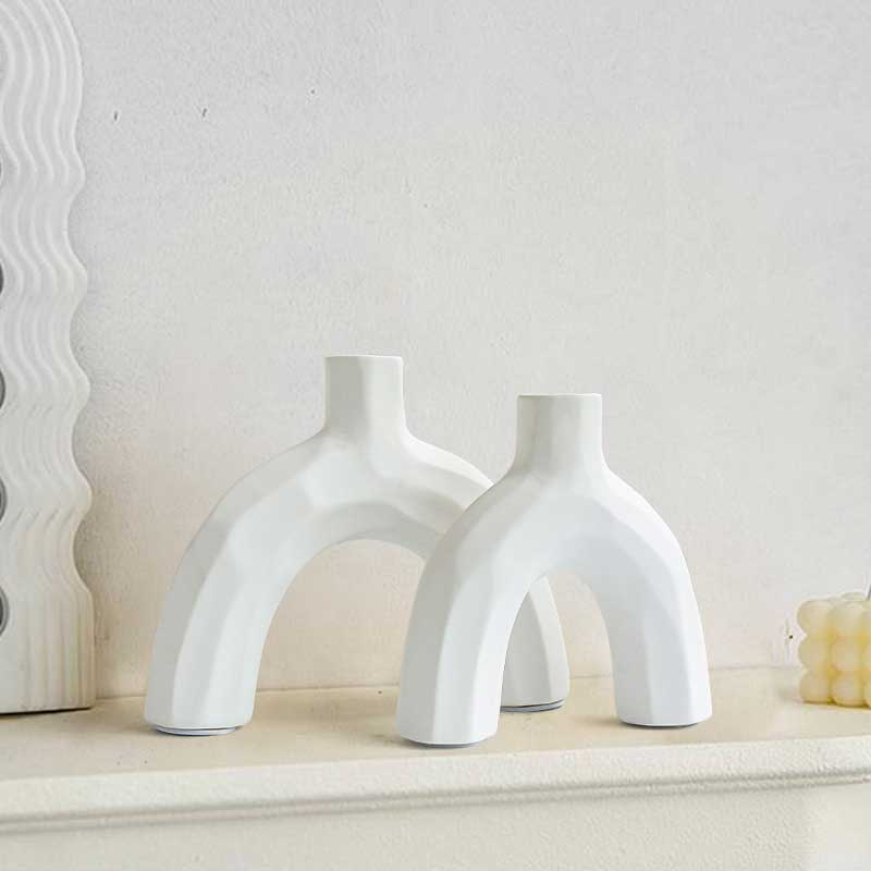 Geometric Arched Ceramic Candle Holder Set White