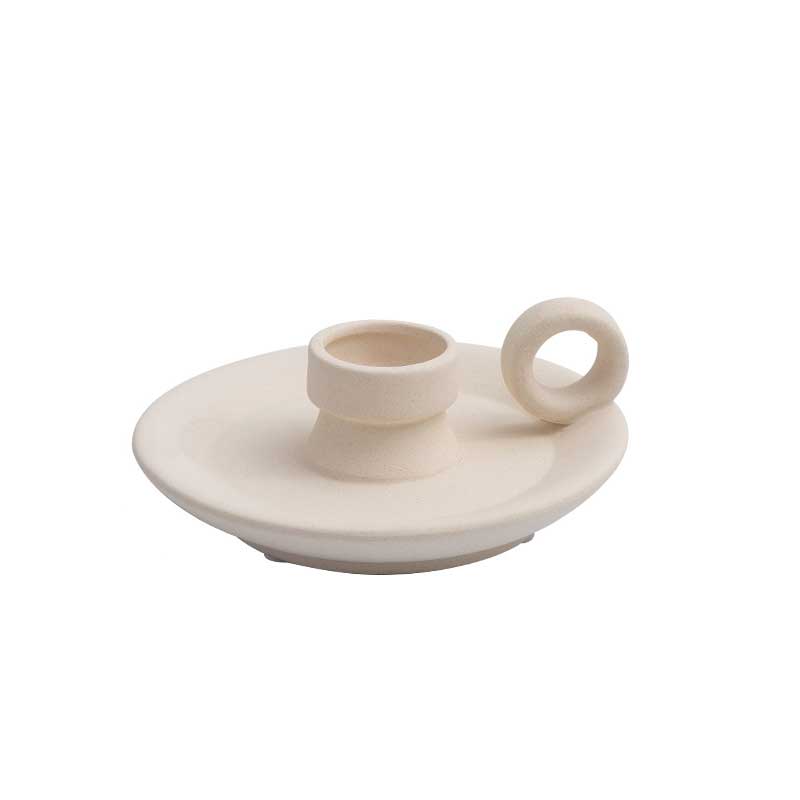 Retro Cream Ceramic Candlestick Holder with Ring Handle