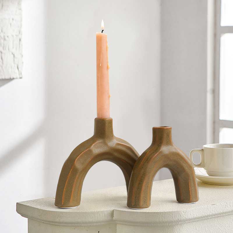 Geometric Arched Ceramic Candle Holder Set Color:Khaki