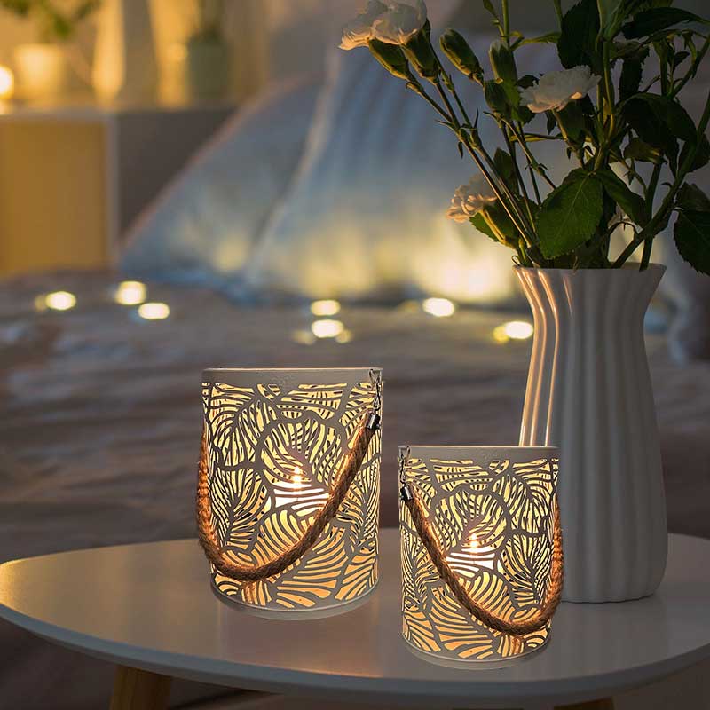 Hollow-Out Iron Leaf Candle Holder (Set of 2),Rope Handle White
