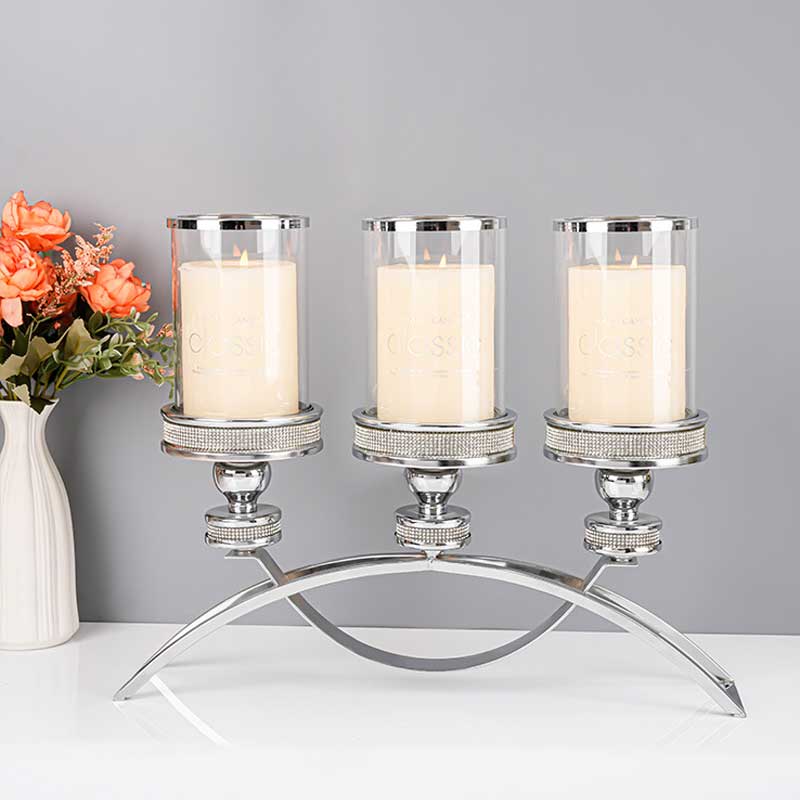 Three-lights Glass Hurricane Arched Iron Candlestick Holder Color:Silver 1