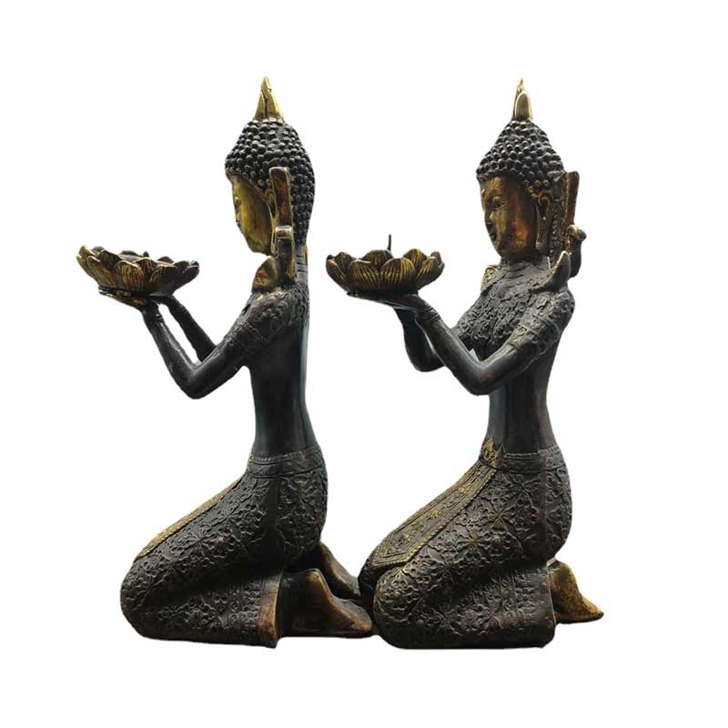 Antique Copper Buddha Kneeling Candlestick Holder with Lotus Flower