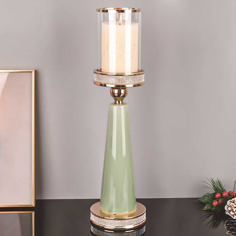 Luxury Light Green Ceramic Diamond Pedestal Candlestick Holder,Glass Hurricane Size:12*45cm 3