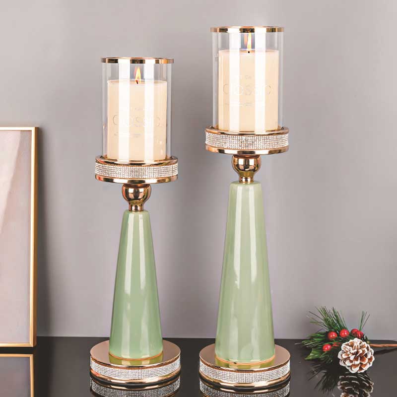 Luxury Light Green Ceramic Diamond Pedestal Candlestick Holder,Glass Hurricane Size:12*45cm 2
