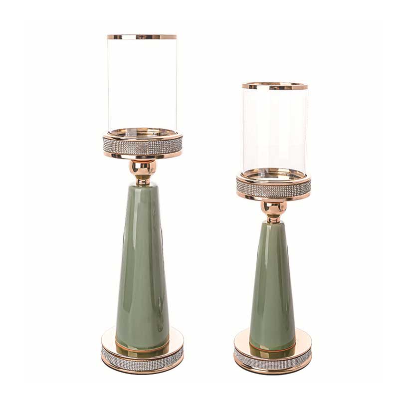 Luxury Light Green Ceramic Diamond Pedestal Candlestick Holder,Glass Hurricane