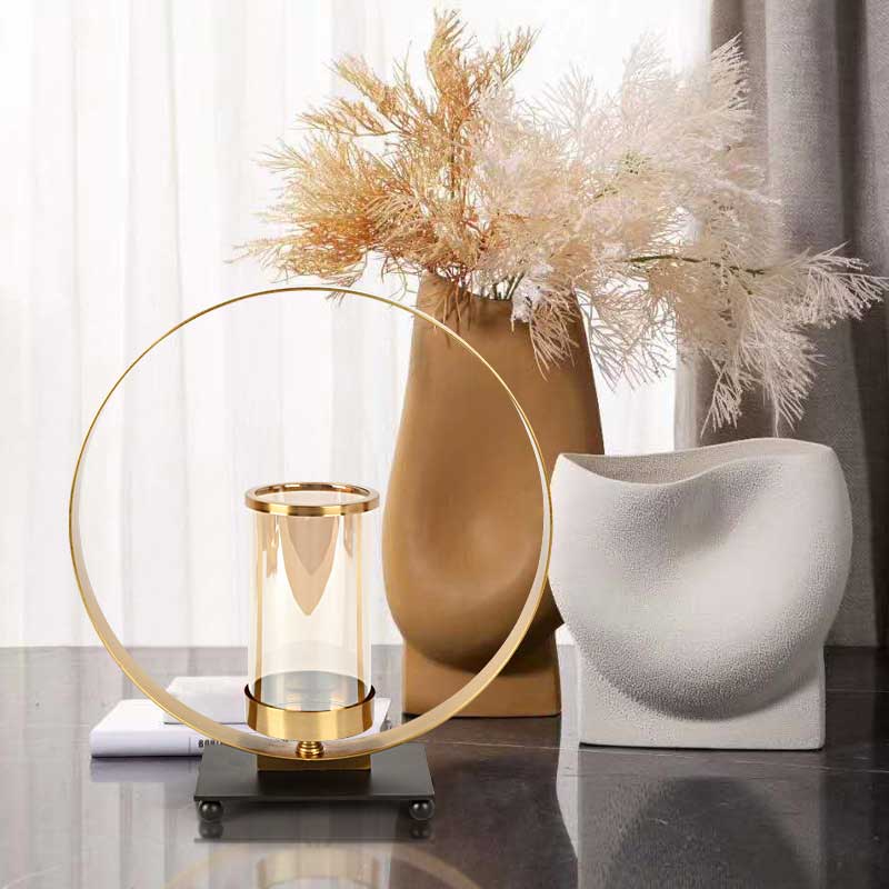 Golden Wrought Iron Circle Candlestick Set,Rectangle Base Color:Golden;Size:15*10*33cm 1