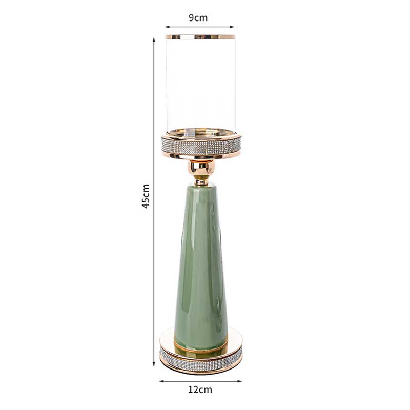 Luxury Light Green Ceramic Diamond Pedestal Candlestick Holder,Glass Hurricane 12*45cm