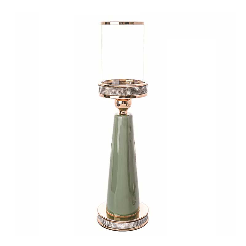 Luxury Light Green Ceramic Diamond Pedestal Candlestick Holder,Glass Hurricane Size:12*45cm 6