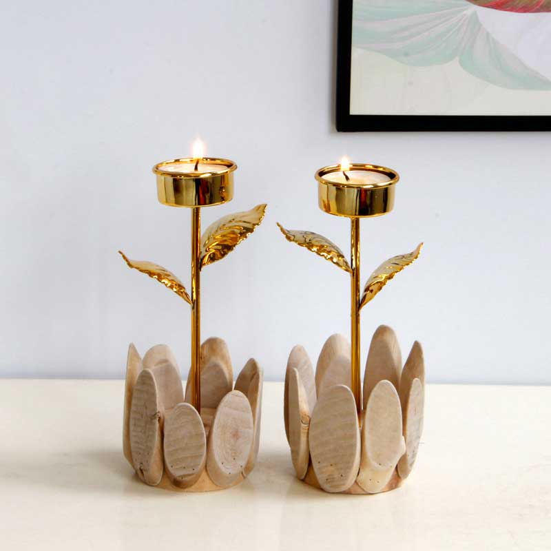 Rustic Wood & Gold Flower Candle Holder Color:Golde 1