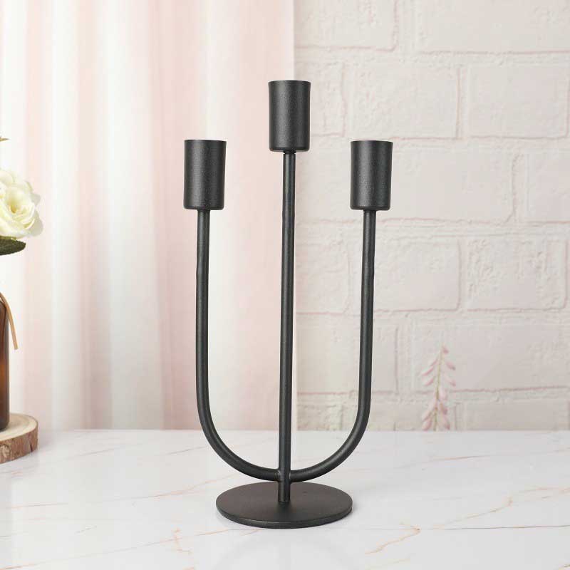 Black / Gold 3 arms Iron Candlestick, Round Bse Color:Black 2