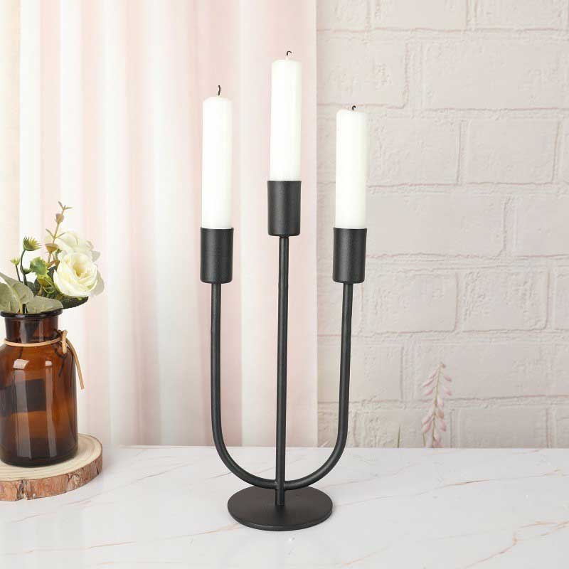 Black / Gold 3 arms Iron Candlestick, Round Bse Color:Black 4