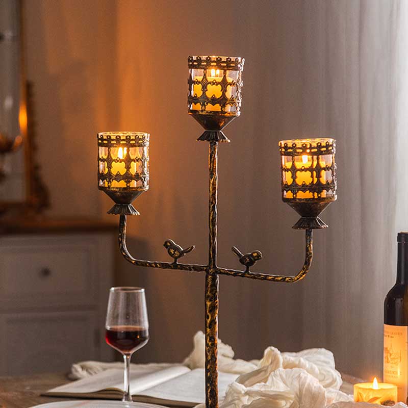 3/5-Head Vintage Iron Birdcage Candelabra,2 birds Size:44*12*62cm 2