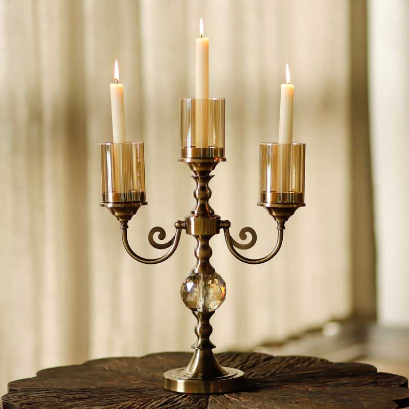Vintage Palace 3 Arms Candelabra ,Amber Glass Hurricane Color:Amber 2