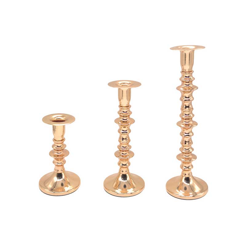 Set of 3 Vintage Iron Segmented Candlestick Holders, Series of stacked, rounded tiers or flattened discs，ribbed or beaded colum