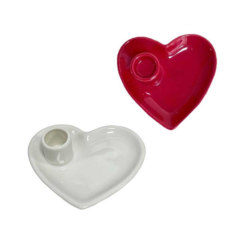 White/Red Heart Ceramic Candlestick Holder, Minimalist & Romantic Decor
