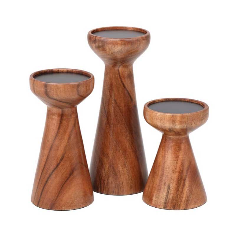 Set of 3 Wooden Tapered Candle Holders for 3-inch Candles Color:Brown