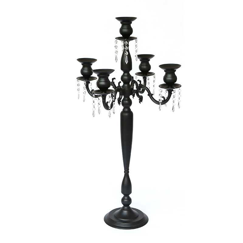 Black Wrought Iron Floor Candelabra,faux crystal pendants, European Retro 5-Head Candlestick，Wedding & Home Decor