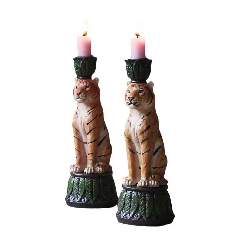Vintage Tiger Resin Candlestick Tropical Leaves Base, Vintage Animal Candle Holder