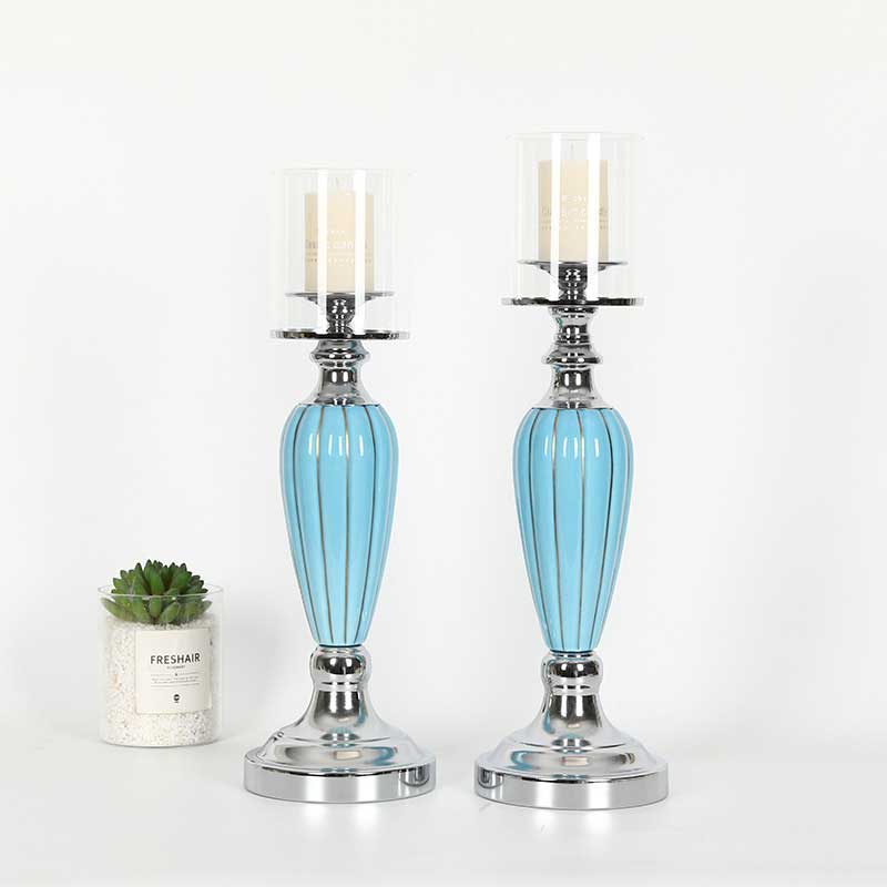 Tall European Light Blue Ceramic & Iron Glass Hurricane Candlestick Color:14*44 CM 4