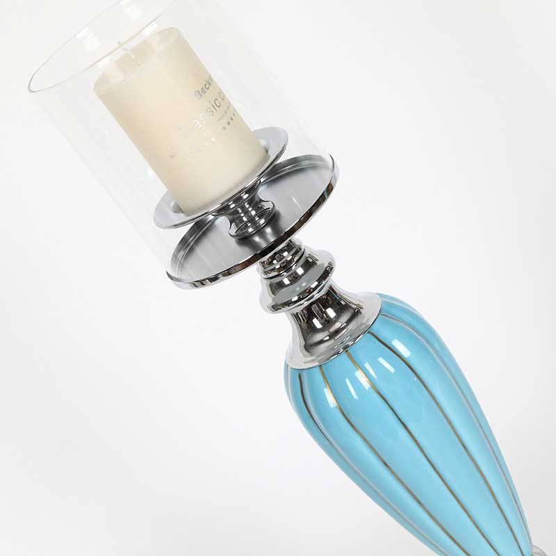 Tall European Light Blue Ceramic & Iron Glass Hurricane Candlestick Color:14*44 CM 1