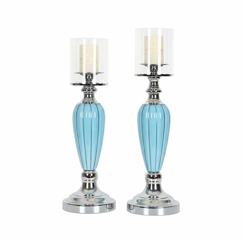 Tall European Light Blue Ceramic & Iron Glass Hurricane Candlestick, Modern, Elegant, and Tall