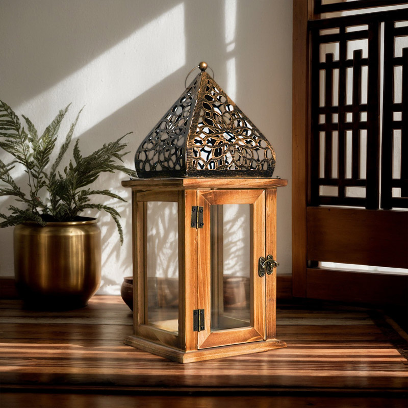 Vintage Hollow Iron Candle Holder / Wooden Clear Glass Lantern Size:12*12*25.5cm 4