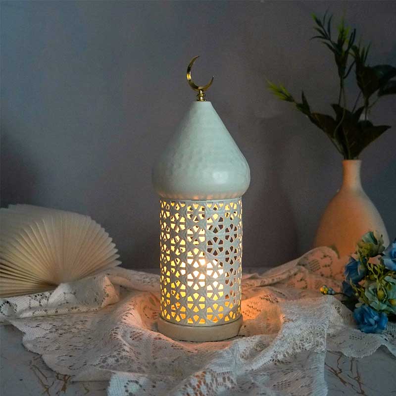 White Hollow Islamic Iron Candle Holder Set,Moon Tower Size:9.8*9.8*31.5cm 5