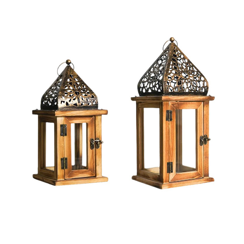 Vintage Hollow Iron Candle Holder / Wooden Clear Glass Lantern