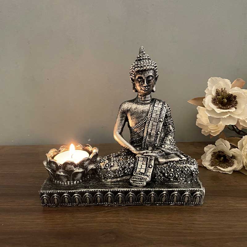 Retro Resin Buddha & Lotus Candle Holder Silver  , Indian Diwali Decor