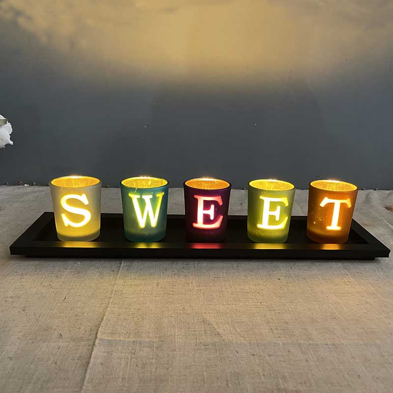 Rustic "HOME" Votive Candle Holder with Tray and Stones Color:Home 2