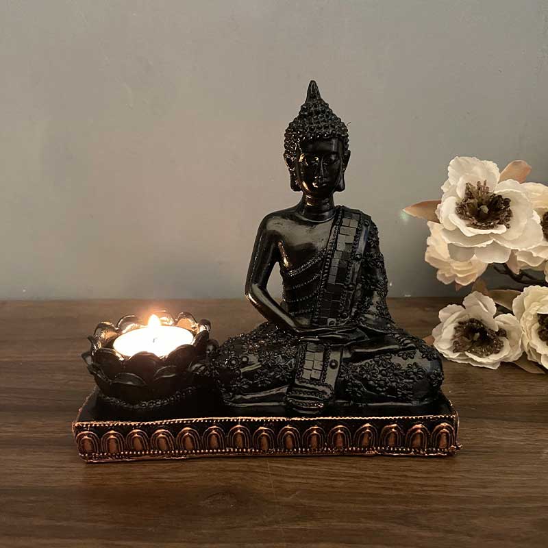 Retro Resin Buddha & Lotus Candle Holder Black  , Indian Diwali Decor