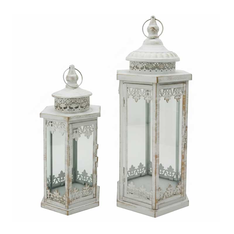 Vintage Distressed White Iron and Glass Square Lantern Size:23*20*53CM