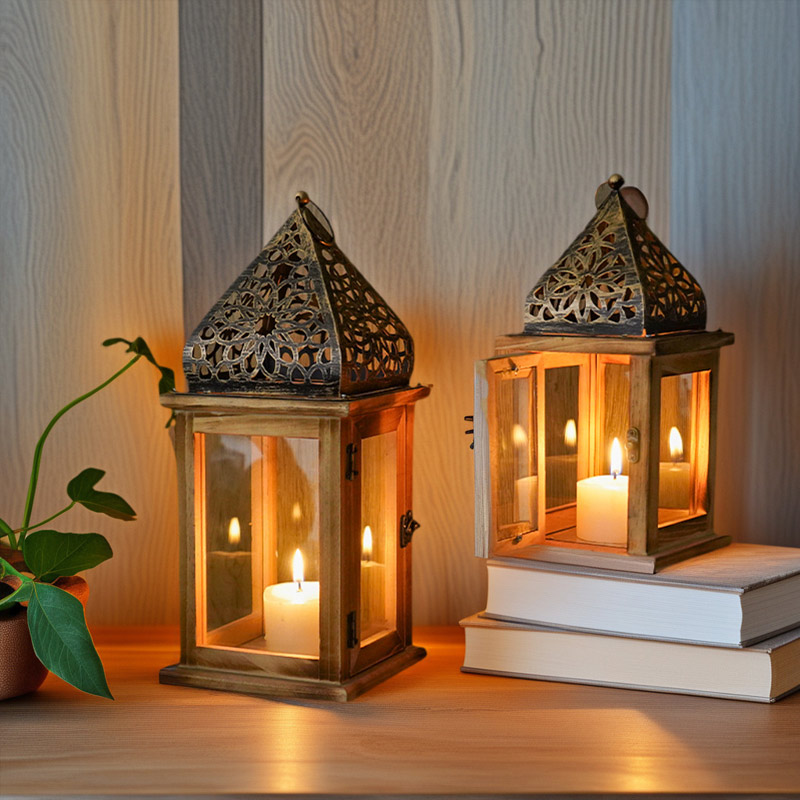 Vintage Hollow Iron Candle Holder / Wooden Clear Glass Lantern Size:12*12*25.5cm 2